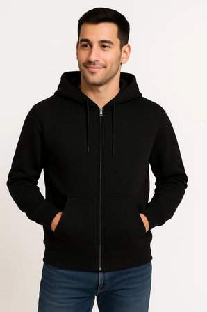 Erkek 3 İplik Pamuklu Kapüşonlu Tam Fermuarlı Cepli Hoodie Sweatshirt - Siyah