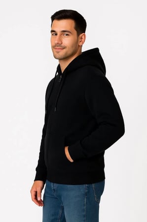 Erkek 3 İplik Pamuklu Kapüşonlu Tam Fermuarlı Cepli Hoodie Sweatshirt - Siyah