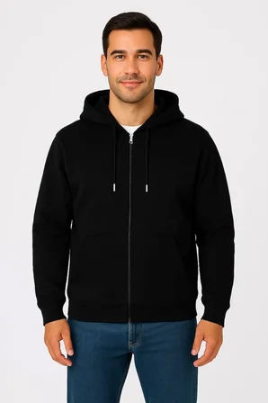 Erkek 3 İplik Pamuklu Kapüşonlu Tam Fermuarlı Cepli Hoodie Sweatshirt - Siyah
