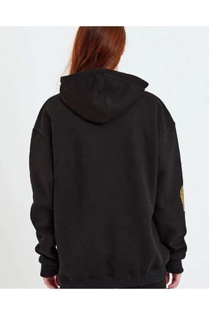 Kadın Oversize Kapüşonlu Cepli Ön Kol Baskılı 3 İplik Pamuklu Hoodie Sweatshirt - Siyah