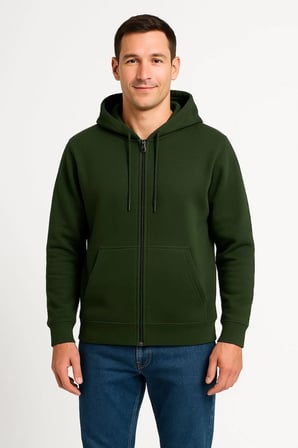 Erkek 3 İplik Pamuklu Kapüşonlu Tam Fermuarlı Cepli Hoodie Sweatshirt - Haki