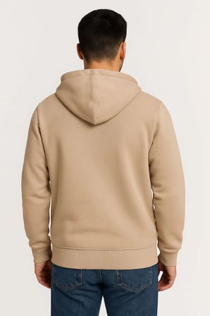 Erkek 3 İplik Pamuklu Kapüşonlu Tam Fermuarlı Cepli Hoodie Sweatshirt - Bej