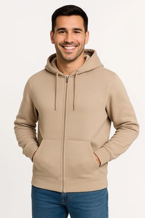 Erkek 3 İplik Pamuklu Kapüşonlu Tam Fermuarlı Cepli Hoodie Sweatshirt - Bej