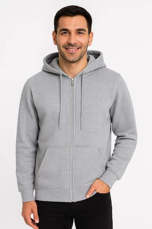 Erkek 3 İplik Pamuklu Kapüşonlu Tam Fermuarlı Cepli Hoodie Sweatshirt - Gri