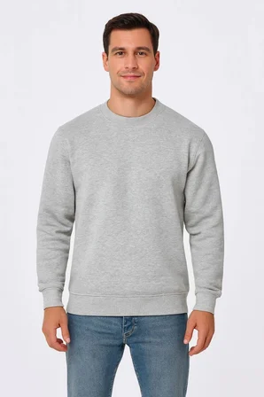 Erkek 3 İplik Pamuklu Düz Bisiklet Yaka SweatShirt - Gri