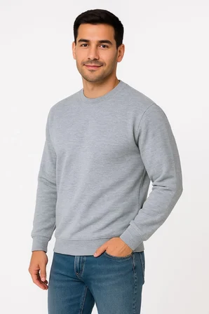 Erkek 3 İplik Pamuklu Düz Bisiklet Yaka SweatShirt - Gri