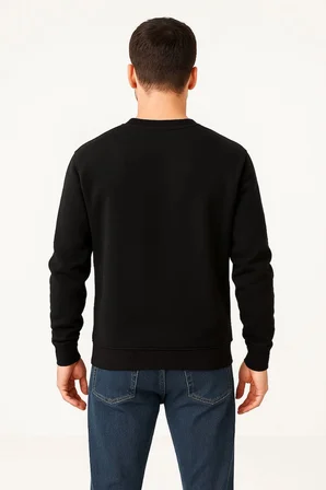 Erkek 3 İplik Pamuklu Düz Bisiklet Yaka SweatShirt - Siyah