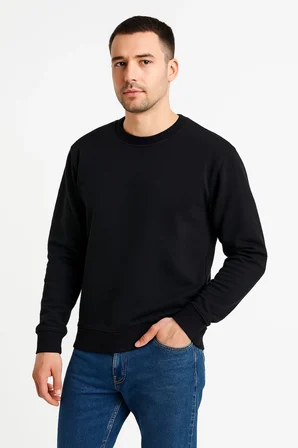 Erkek 3 İplik Pamuklu Düz Bisiklet Yaka SweatShirt - Siyah