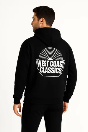 Erkek Kapüşonlu Kanguru Cepli Sweatshirt 3 İplik Pamuklu Baskılı Hoodie -  Siyah