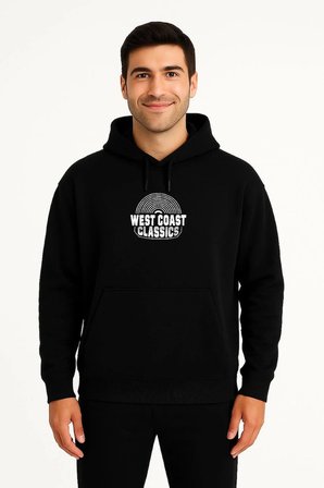 Erkek Kapüşonlu Kanguru Cepli Sweatshirt 3 İplik Pamuklu Baskılı Hoodie -  Siyah