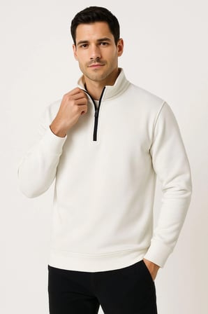 Erkek Dik Yaka Yarım Fermuarlı 3 İplik Pamuklu Sweatshirt - Beyaz