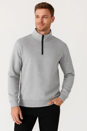 Erkek Dik Yaka Yarım Fermuarlı 3 İplik Pamuklu Sweatshirt - Gri