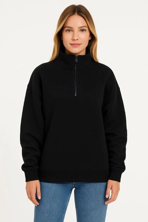 Kadın 3 İplik Pamuklu Dık Yaka Yarım Fermuarlı SweatShirt - Siyah