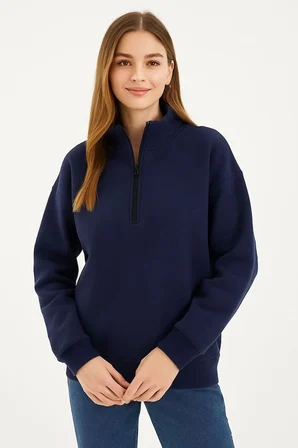 Kadın 3 İplik Pamuklu Dık Yaka Yarım Fermuarlı SweatShirt - Lacivert