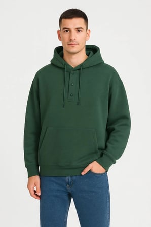 Erkek Kapüşonlu Hoodie Cepli Çıtçıtlı 3 İplik Pamuklu Sweatshirt - Haki
