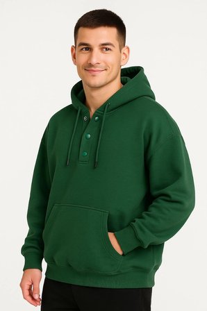Erkek Kapüşonlu Hoodie Cepli Çıtçıtlı 3 İplik Pamuklu Sweatshirt - Haki