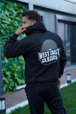 Erkek Kapüşonlu Kanguru Cepli Sweatshirt 3 İplik Pamuklu Baskılı Hoodie - Siyah