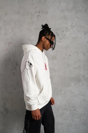 Erkek Kapüşonlu Kanguru Cepli Sweatshirt 3 İplik Pamuklu Baskılı Hoodie -  Beyaz
