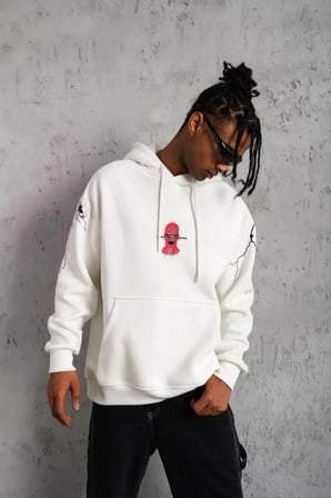 Erkek Kapüşonlu Kanguru Cepli Sweatshirt 3 İplik Pamuklu Baskılı Hoodie -  Beyaz