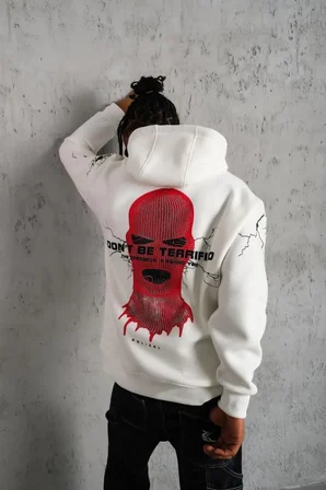 Erkek Kapüşonlu Kanguru Cepli Sweatshirt 3 İplik Pamuklu Baskılı Hoodie -  Beyaz