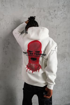 Erkek Kapüşonlu Kanguru Cepli Sweatshirt 3 İplik Pamuklu Baskılı Hoodie -  Beyaz