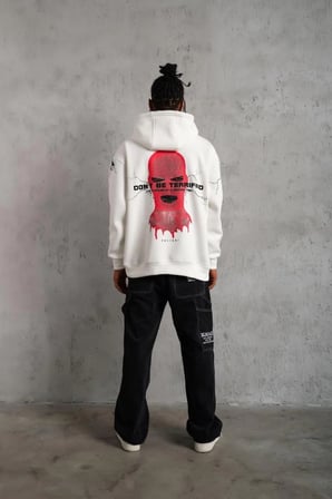 Erkek Kapüşonlu Kanguru Cepli Sweatshirt 3 İplik Pamuklu Baskılı Hoodie -  Beyaz