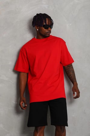 Erkek Düz Yazlık Kısa Kol Tişört Bisiklet Yaka Oversize T-Shirt - Kırmızı
