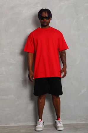 Erkek Düz Yazlık Kısa Kol Tişört Bisiklet Yaka Oversize T-Shirt - Kırmızı