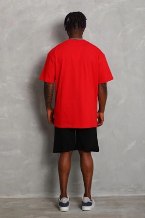Erkek Düz Yazlık Kısa Kol Tişört Bisiklet Yaka Oversize T-Shirt - Kırmızı