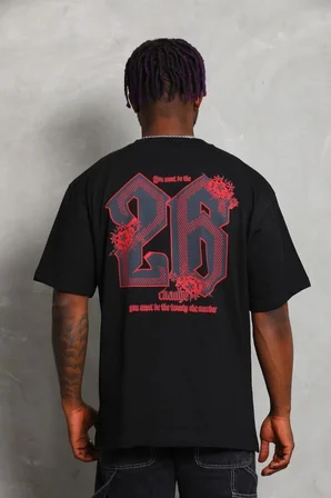 Erkek Baskılı Tişört Kısa Kol Bisiklet Yaka Oversize T-Shirt - Siyah