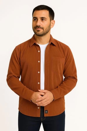 Erkek Fitilli Kadife Cepli Gömlek Oversize Rahat Kalıp - Kahverengi