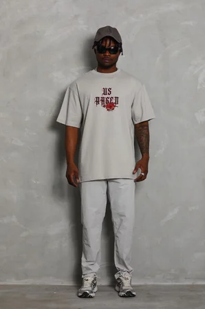 Erkek Kısa Kol Yazlık Tişört Bisiklet Yaka Baskılı Oversize T-Shirt - Gri