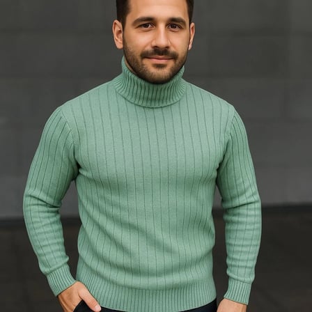 Erkek Tam Boğazlı Balıkçı Yaka Triko Kazak Kalın Fitilli - Mint Yeşili