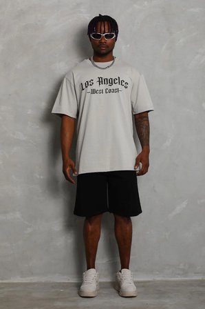 Erkek Baskılı Tişört Kısa Kol Bisiklet Yaka Oversize T-Shirt - Gri