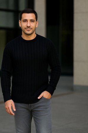 Erkek Fitilli Triko Bisiklet Yaka Kalın Kazak 3'lü Set Gri-Haki-Siyah