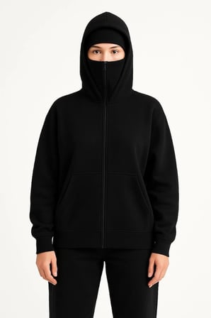Kadın Samuray Ninja Çift Kapüşonlu Maske Detaylı 3 İplik Hoodie - Siyah