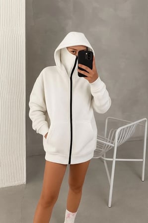 Kadın Samuray Ninja Çift Kapüşonlu Maske Detaylı 3 İplik Hoodie - Beyaz