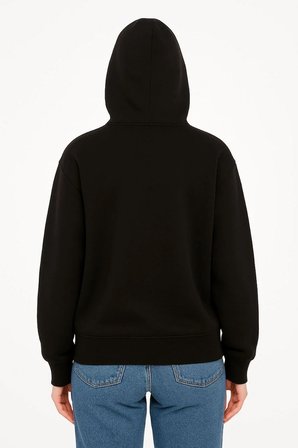 Kadın Kapüşonlu 3 İplik Şardonlu Önü Baskılı Fermuarlı Oversize Sweatshirt - Siyah