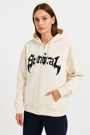 Kadın Kapüşonlu 3 İplik Pamuklu Önü Baskılı Fermuarlı Oversize Hoodie Sweatshirt - Beyaz