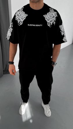 Erkek Kısa Kol Yazlık Tişört Bisiklet Yaka Baskılı Oversize T-Shirt - Siyah