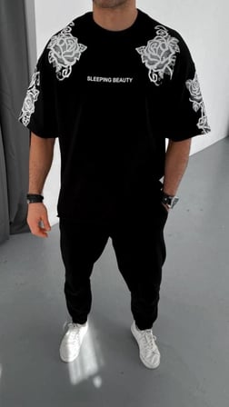 Erkek Kısa Kol Yazlık Tişört Bisiklet Yaka Baskılı Oversize T-Shirt - Siyah