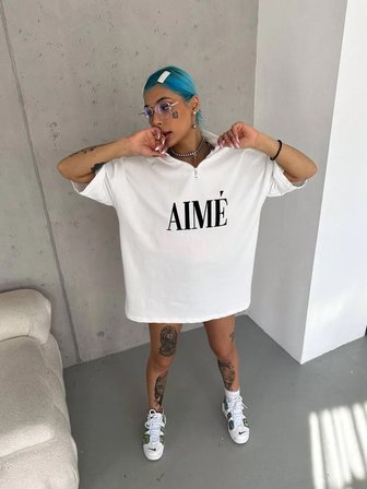 Kadın Yarım Fermuarlı Tişört Kısa kol Baskılı T-Shirt - Beyaz