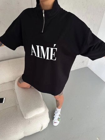 Kadın Yarım Fermuarlı Tişört Baskılı T-Shirt - Siyah