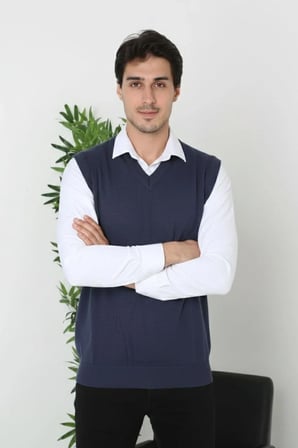 Erkek V Yaka Kolsuz Süveter Triko Yumuşak Dokulu İnce Yelek - Lacivert