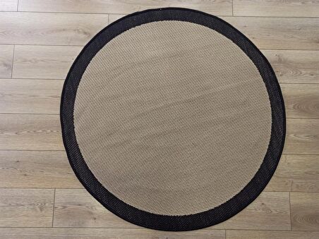 Çam Halı Sisal 9716 Bej / Siyah Bordürlü Daire Jüt Sisal Kilim