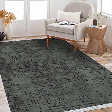Çam Halı Crea Decolux Vena 8016 Antrasit Özel Kaymaz Tabanlı Pamuk Dokuma Kilim