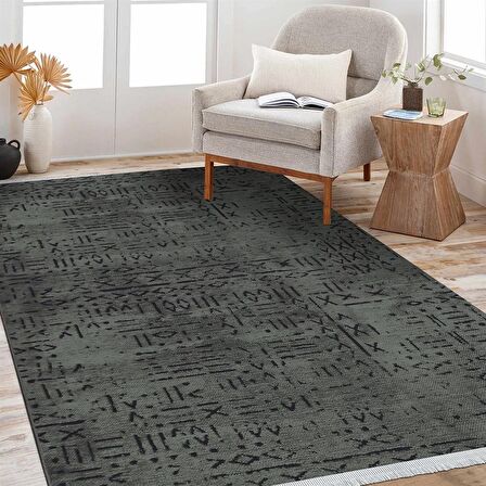 Çam Halı Crea Decolux Vena 8016 Antrasit Özel Kaymaz Tabanlı Pamuk Dokuma Kilim