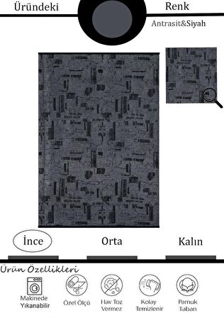 Çam Halı Bodrum BDR 115 Antrasit Özel Latex Kaymaz Tabanlı Kilim