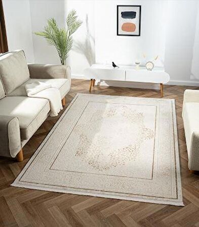 Çam Halı Karen KN008B Krem Bej Klasik Eskitme Desen Salon Halısı
