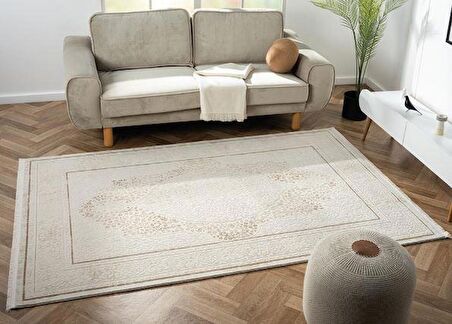 Çam Halı Karen KN008B Krem Bej Klasik Eskitme Desen Salon Halısı
